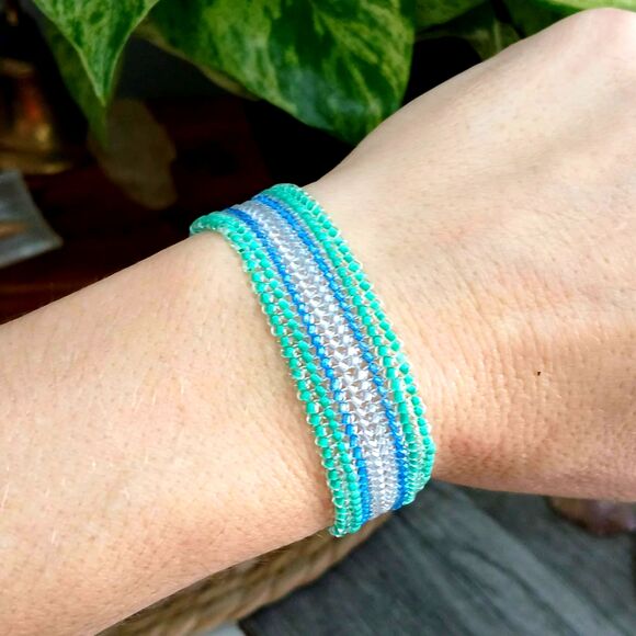 Aquamarine Gemstone Beaded Bracelet & Earring Set, Seed Bead Jewelry - Picture 7 of 7